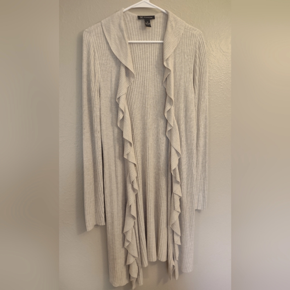 INC International Concepts Ruffle-Trim Ribbed Open Cardigan Sweater Beige - Picture 6 of 10